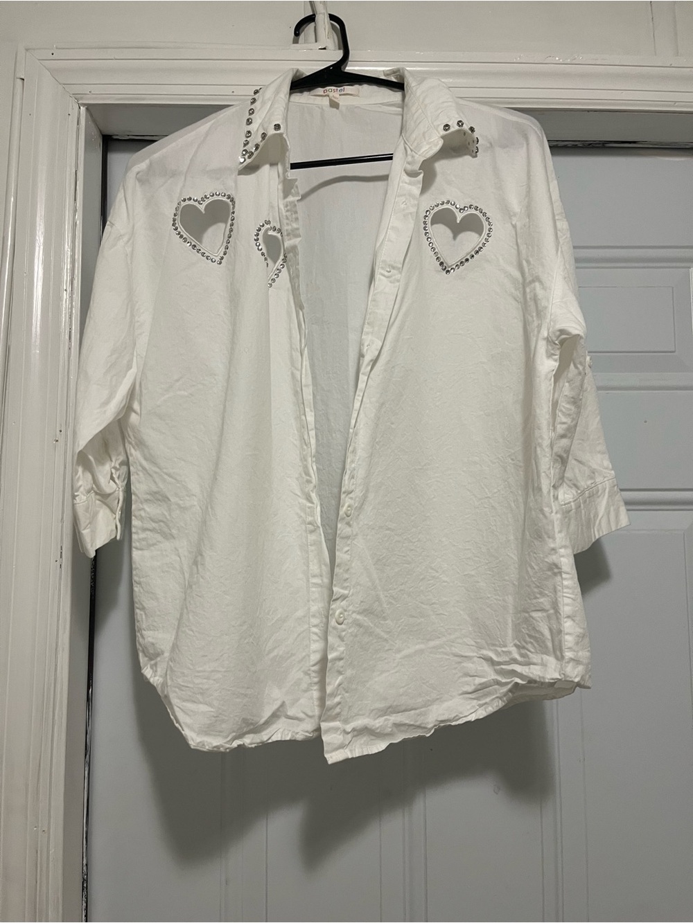 Pastels White Button-Down Shirt with Heart Cutouts and Studs